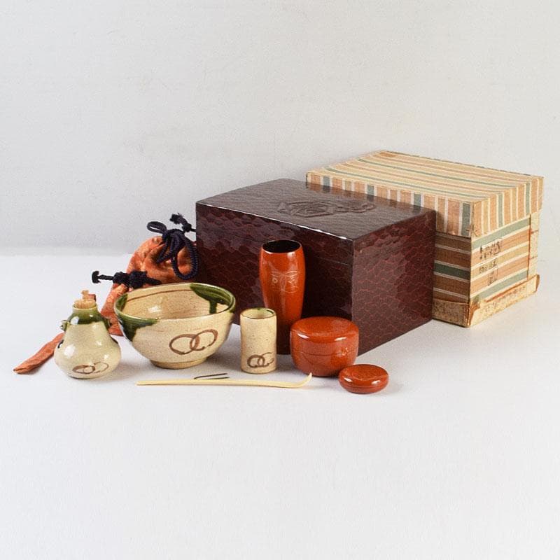 茶道具　鎌倉彫　利休茶箱　織部焼　茶碗　巾筒など　九点　一式　M　R9299