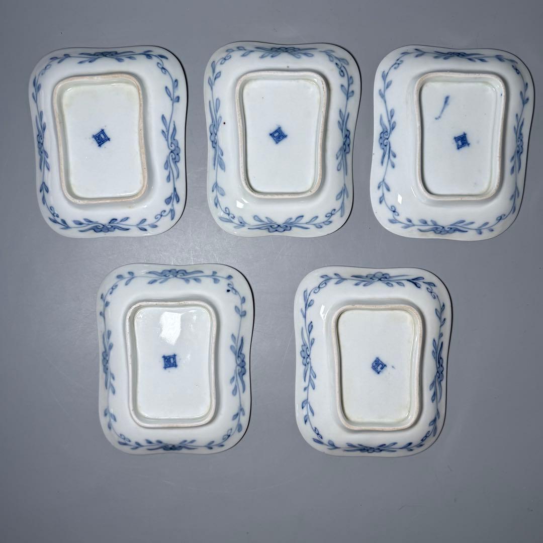 明治時代　有田焼　岩松平吾　色絵軍配形皿　五枚　角岩印　陽刻　珍品　器を楽しむ