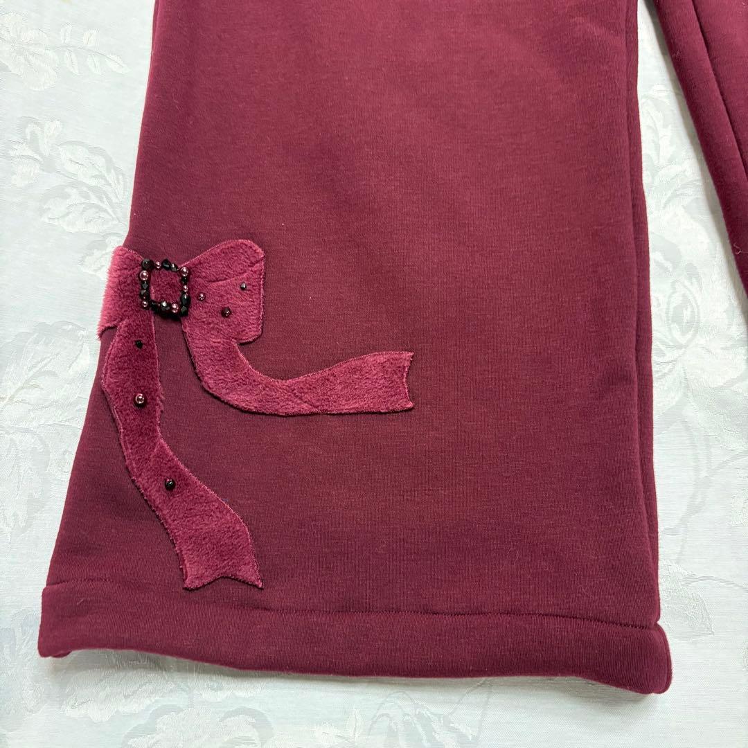 美品　アミティエ　極暖　厚手フリース　リボン装飾付きワインレッド　ガウチョパンツ