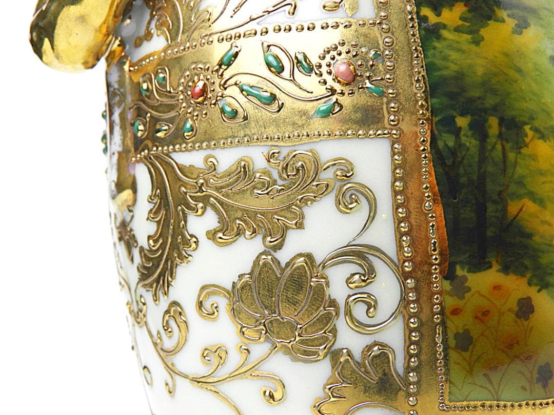 オールドノリタケ 金彩ジュエル風景画 プレッツェルハンドル 飾り壷 アンティーク
