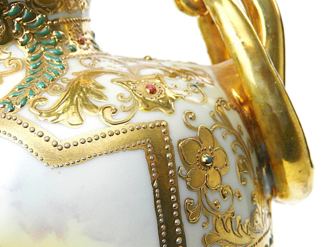 オールドノリタケ 金彩ジュエル風景画 プレッツェルハンドル 飾り壷 アンティーク