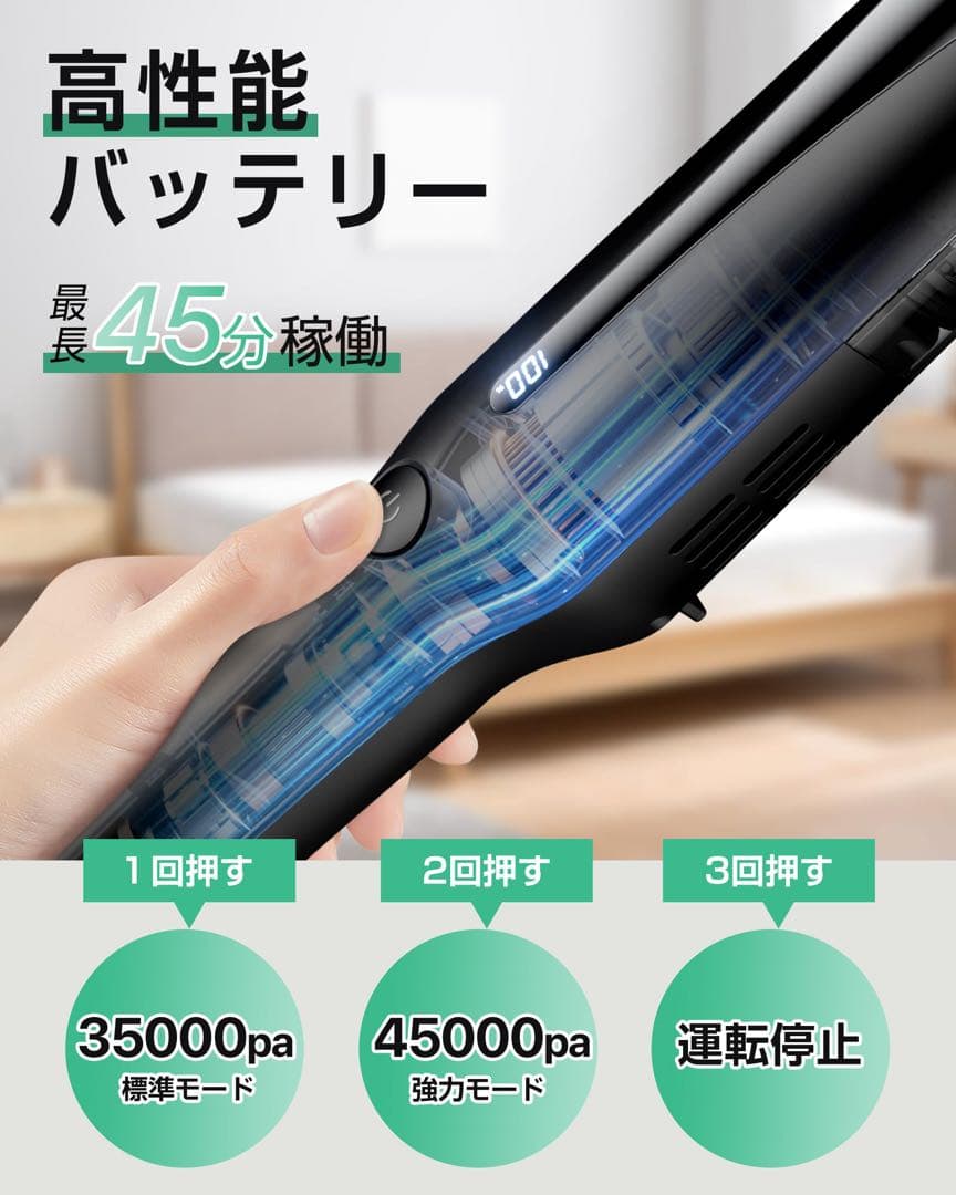 超強吸引 コードレス掃除機 0.5kg超軽量 45分連続 収納充電一体 静音