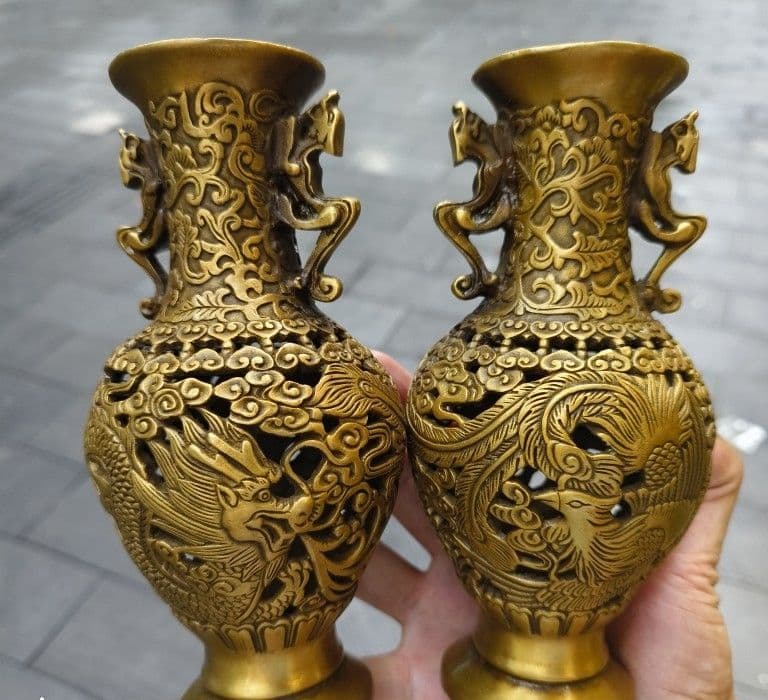 銅器 彫刻 重工 美品 龍鳳花瓶 装飾品 工芸品 美術品 置物