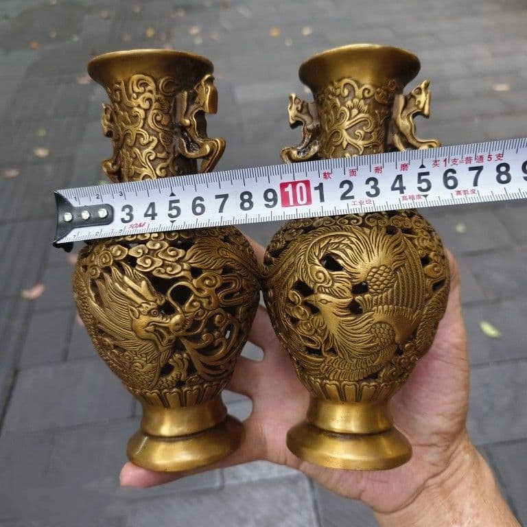 銅器 彫刻 重工 美品 龍鳳花瓶 装飾品 工芸品 美術品 置物