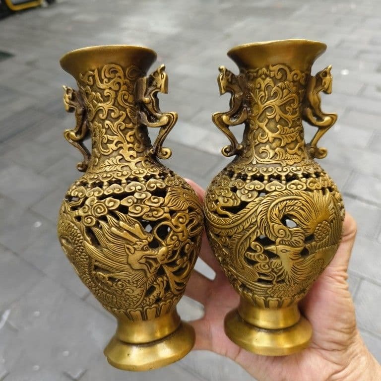 銅器 彫刻 重工 美品 龍鳳花瓶 装飾品 工芸品 美術品 置物