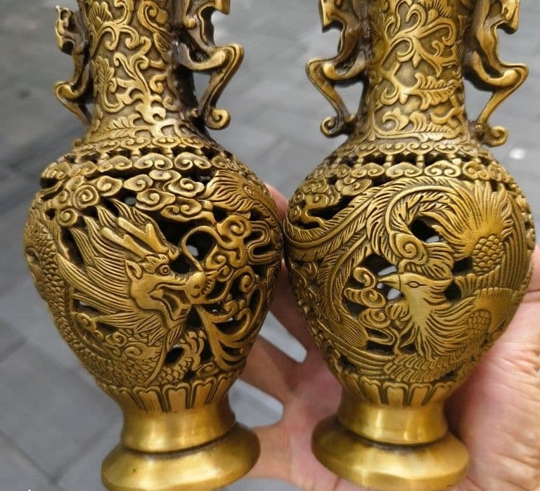 銅器 彫刻 重工 美品 龍鳳花瓶 装飾品 工芸品 美術品 置物