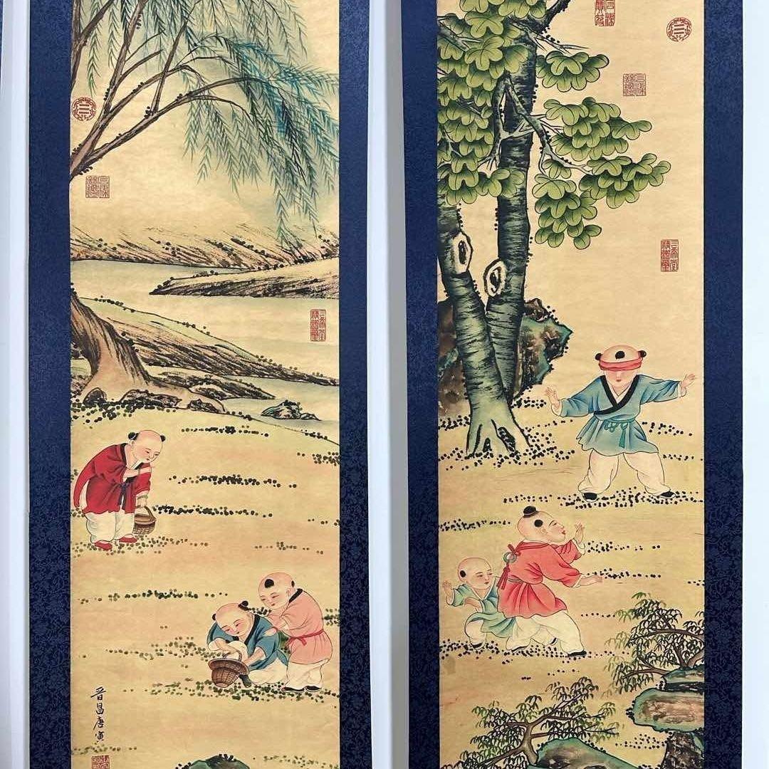 唐寅 童戏図 四条屏 掛け軸セット 証書付き／宣紙／装裱済み／中国美術