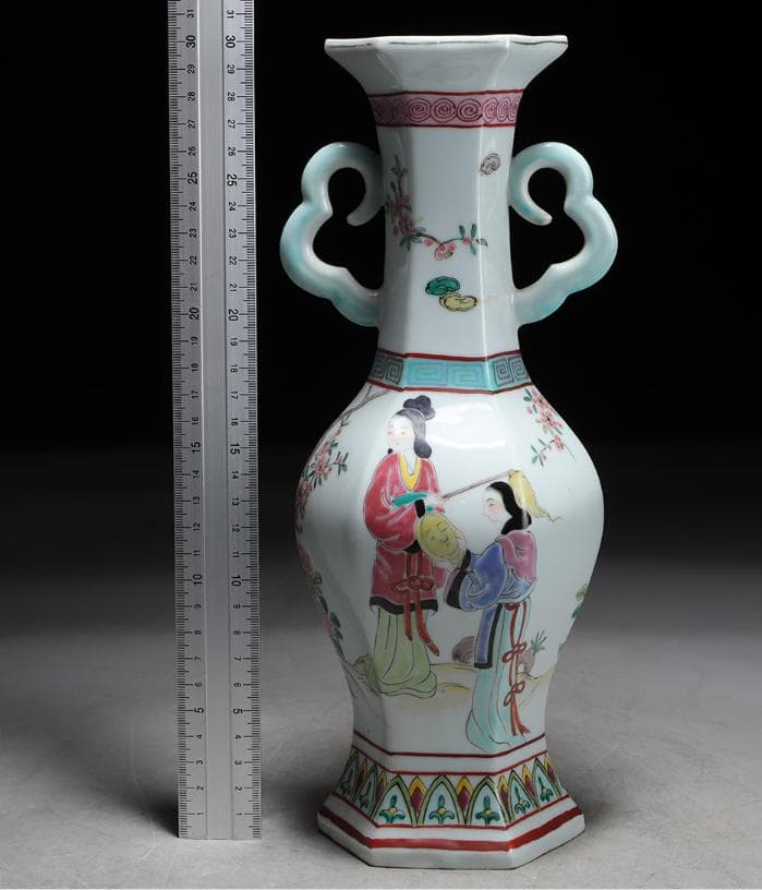 中国美術 景德鎮 花瓶 花器 花入 大清乾隆年製 六角 双耳 合箱 骨董品