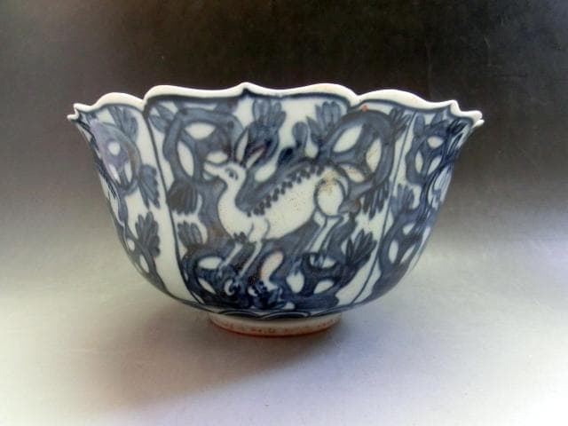 鉢■花弁型鹿紋花唐草染付大鉢 菓子器 青華 古玩 古美術 時代物 骨董品■