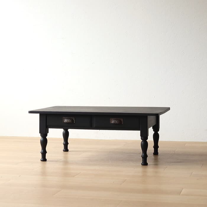 アンティーク ロクロ脚 引き出し付き ブラック 無垢材 文机 古家具 黒色