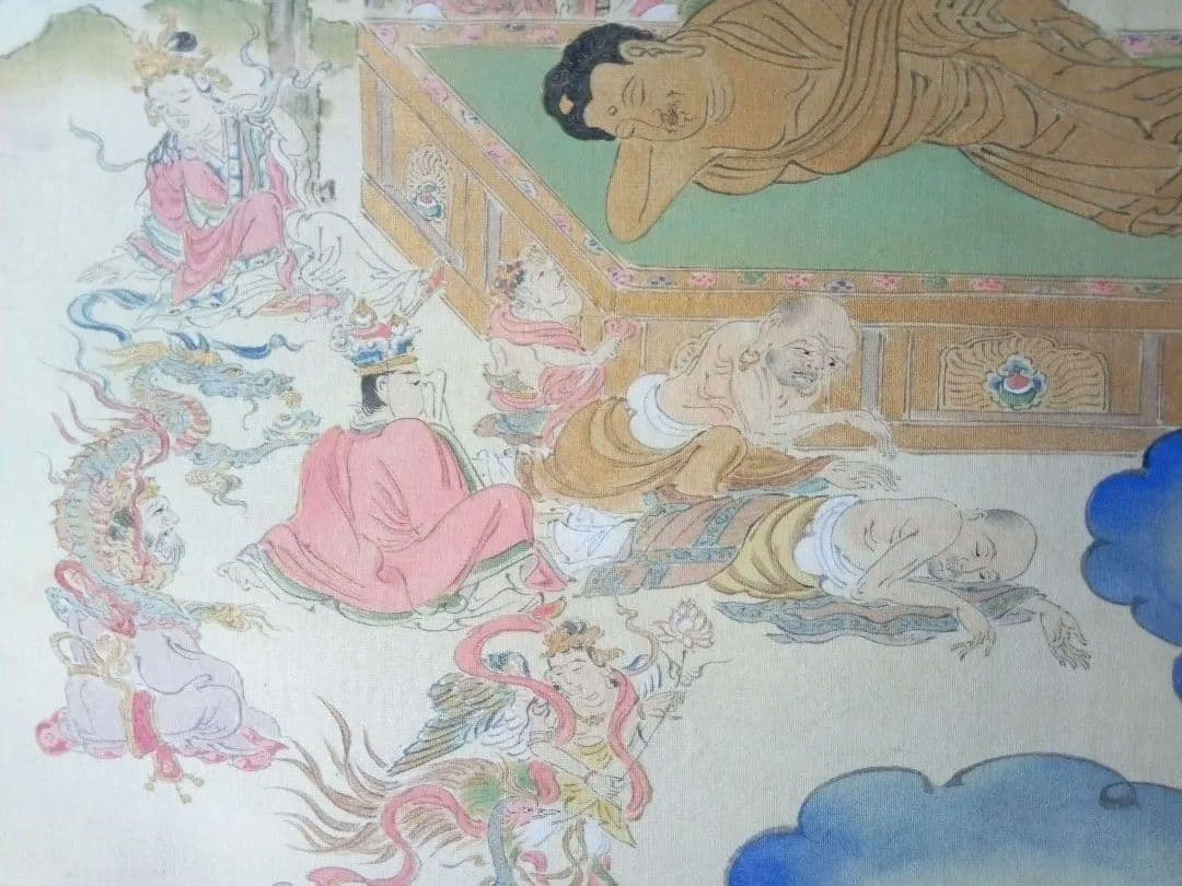 掛け軸、釈迦涅槃図、本物宇喜田(浮田）一惠(1795～1859）画、絹本