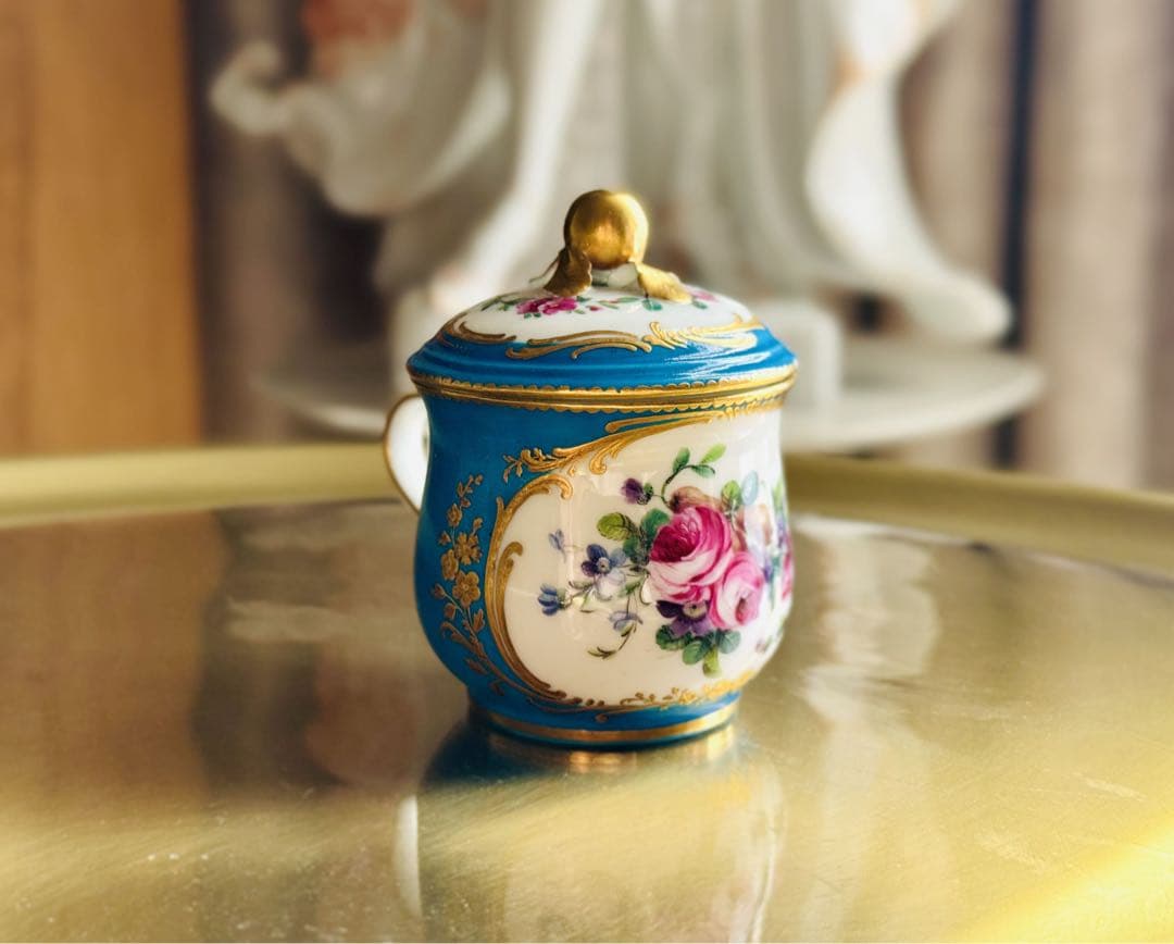 セーブル Sevres初期 「ブルーセレステ地金彩花絵ポット」マイセン