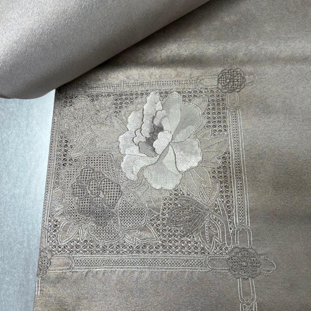 シルバー 花柄刺繍 六通袋帯1222