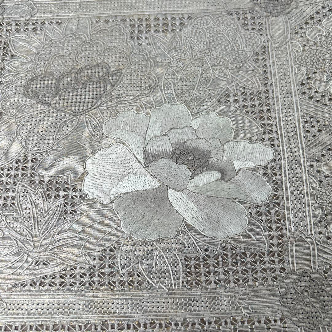 シルバー 花柄刺繍 六通袋帯1222