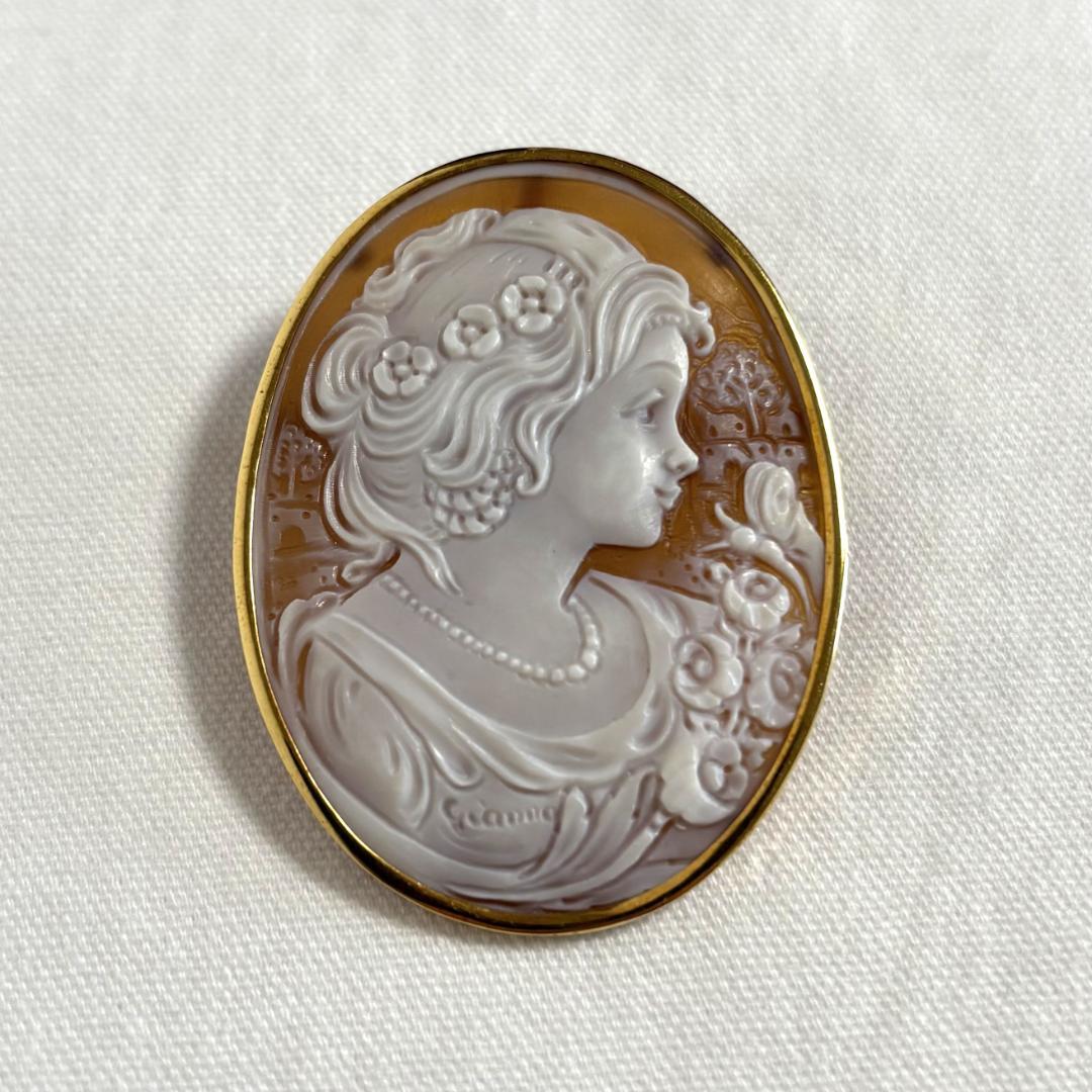 K18 作家もの シェルカメオ ブローチ ペンダントトップ 微笑み 18金