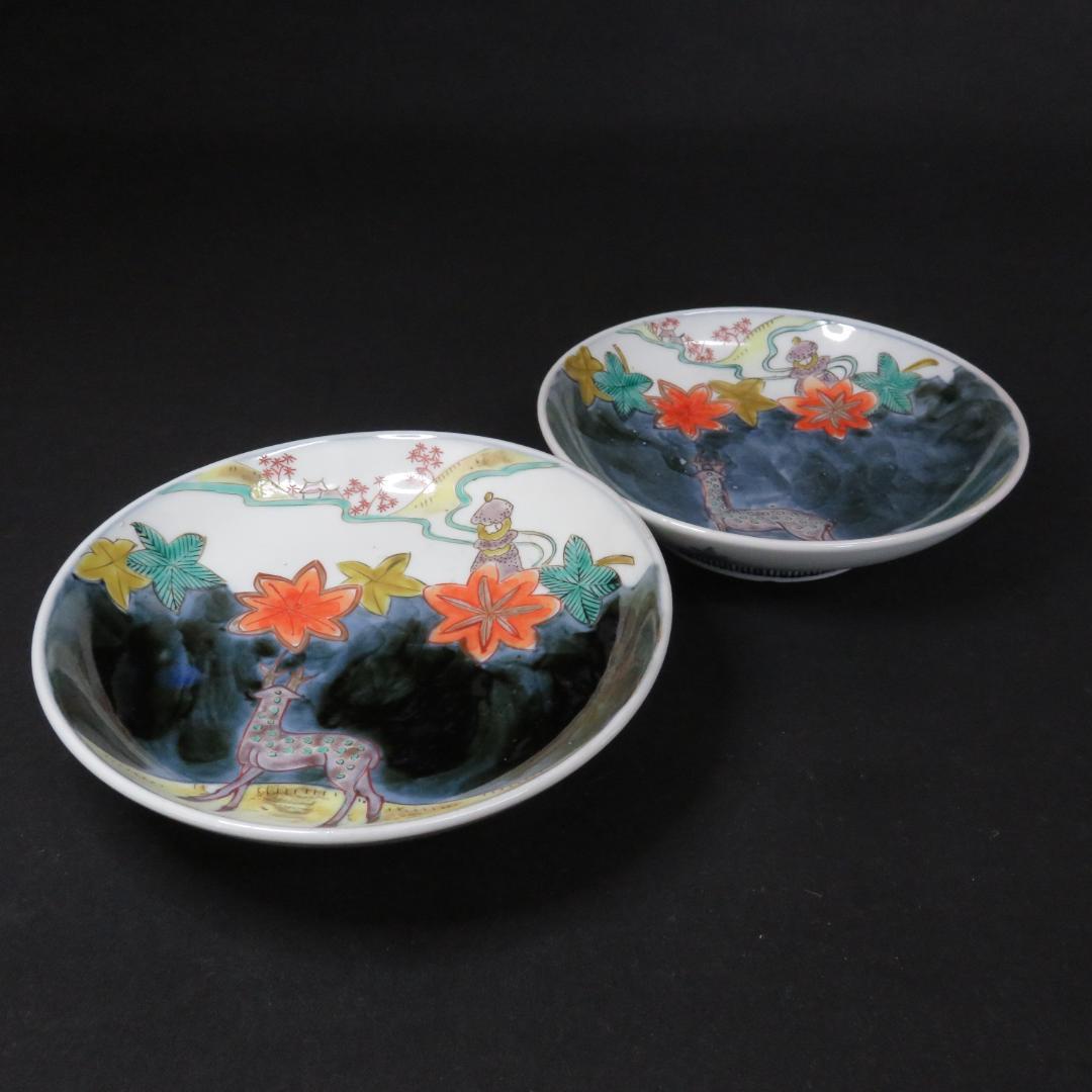 鹿絵皿 2枚 染付 色絵付 高台皿 紅葉 歪み 江戸 古伊万里 時代物 B