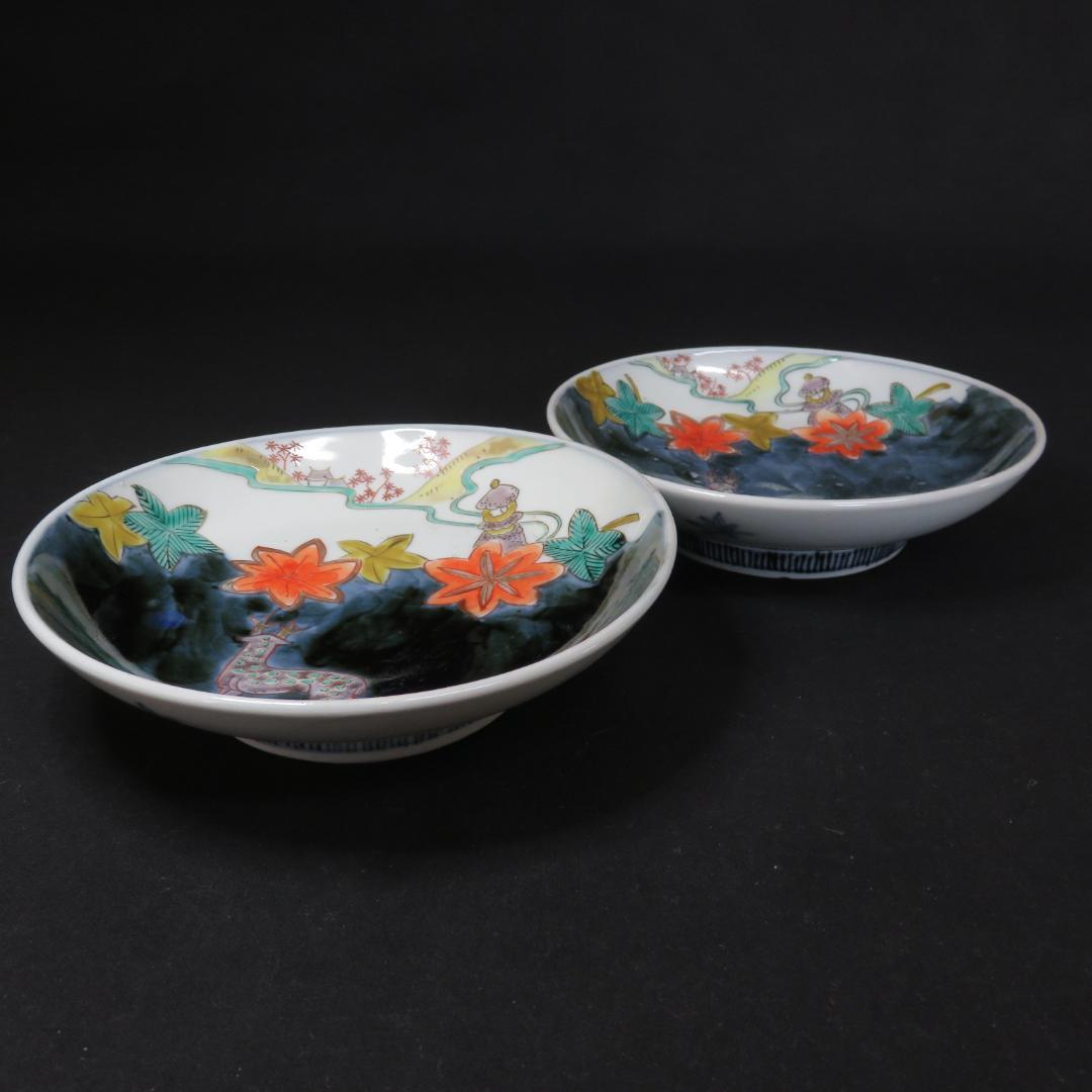 鹿絵皿 2枚 染付 色絵付 高台皿 紅葉 歪み 江戸 古伊万里 時代物 B