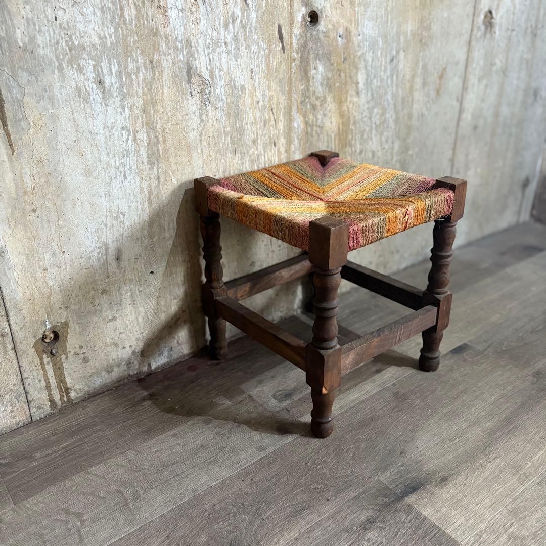 ヴィンテージ　ラッシュスツール　無垢材