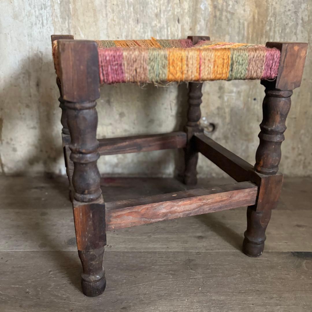 ヴィンテージ　ラッシュスツール　無垢材