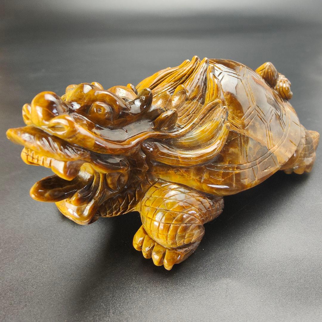 超美品　タイガーアイ　虎目石で作った龍亀(ロングイ)　天然石　風水　開運　龍　亀