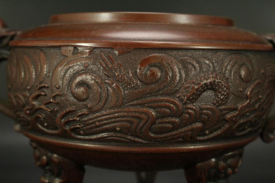 銅 獅子蓋 香炉 在銘 高22cm(LC535)