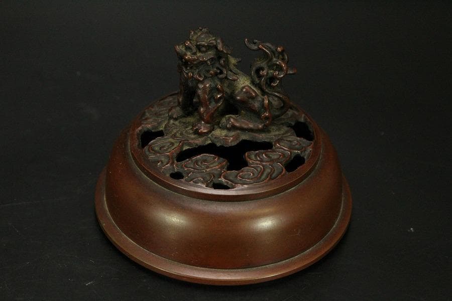 銅 獅子蓋 香炉 在銘 高22cm(LC535)