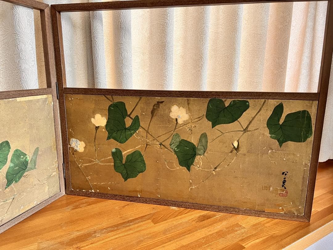 風炉先屏風　金屏風　上田公長　銘あり　明治時代　朝顔図 直しあり