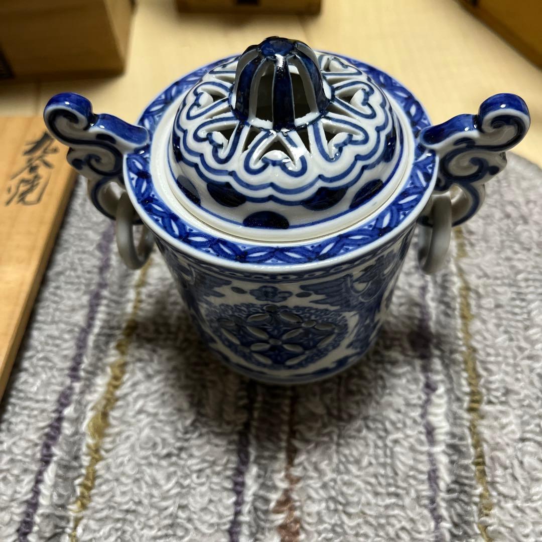 染付　耳付　香炉　七宝透かし　遊環　九谷焼 長峰 共箱　香櫨　骨董　陶芸