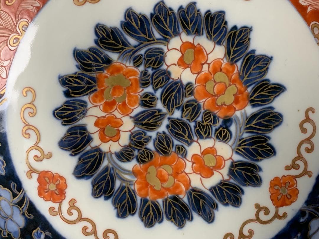 古伊万里 元禄伊万里 金襴手 染錦 双鶴花蝶 牡丹文 大飾皿 34cm 江戸中期