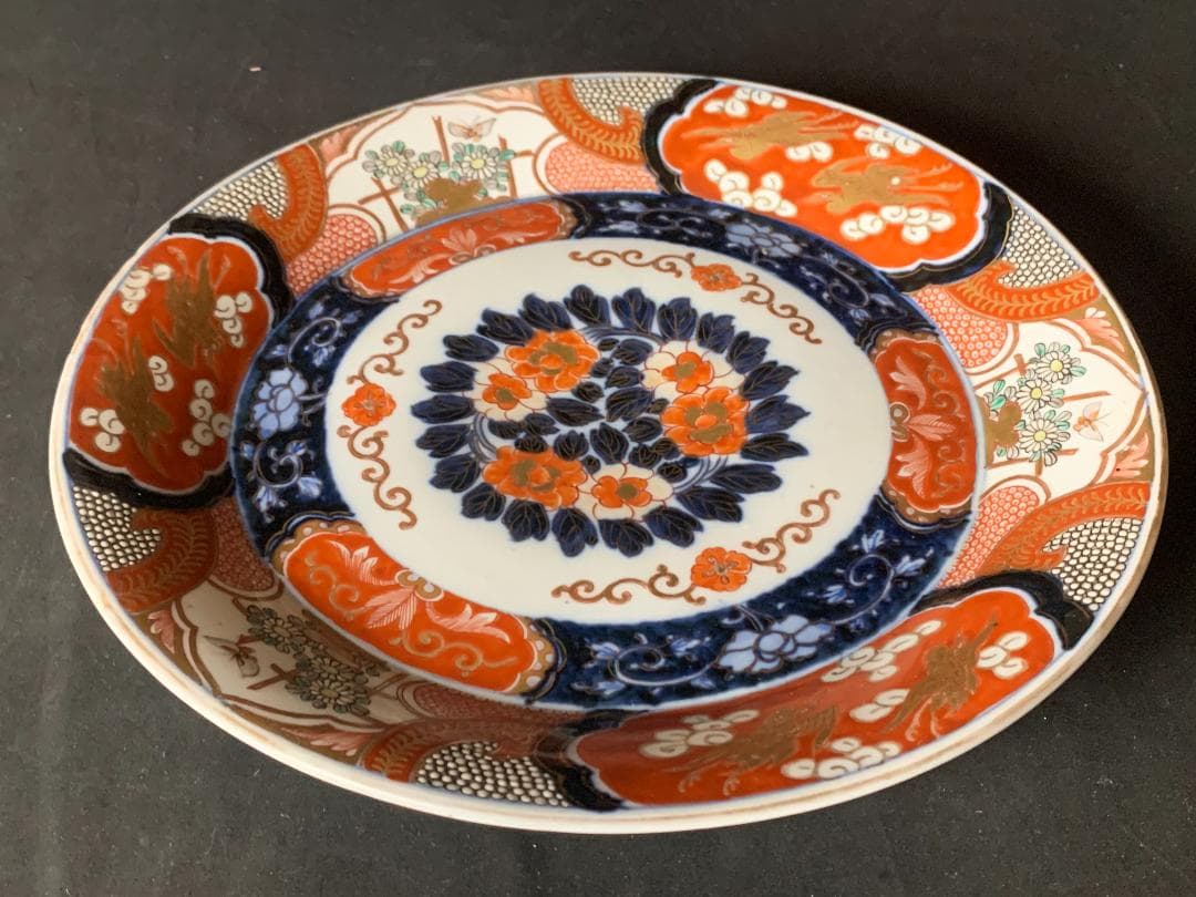 古伊万里 元禄伊万里 金襴手 染錦 双鶴花蝶 牡丹文 大飾皿 34cm 江戸中期