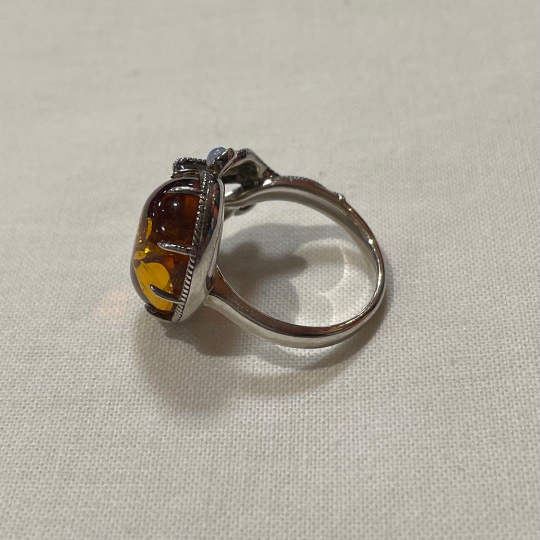 禄山 琥珀 & オパール アンバーリーフ シルバー リング
