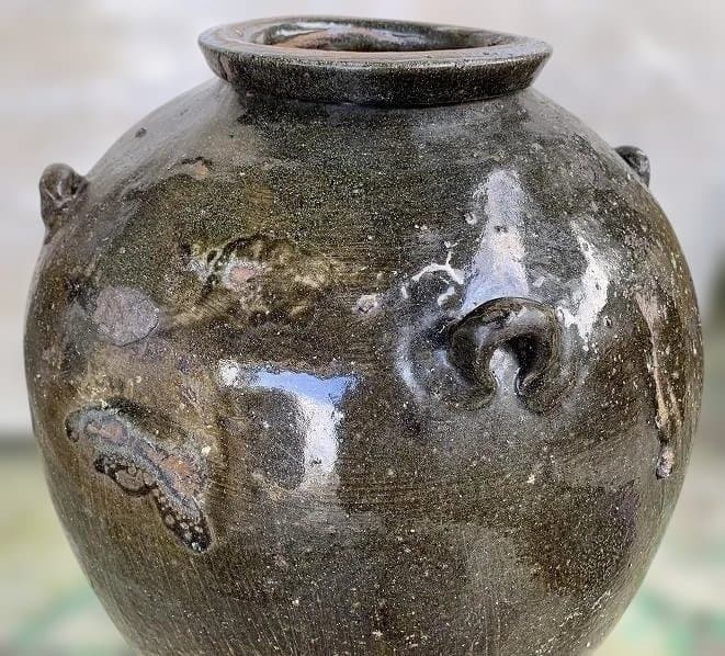 古薩摩 苗代川焼 四耳壷 黒酢壷 古民具 庭造 水瓶 甕壺 花華 釉薬