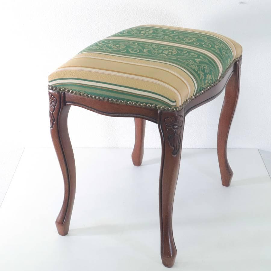 値下イタリアンクラシカル家具 猫脚スツール グリーン系ストライプ柄 鋲打ち 彫刻