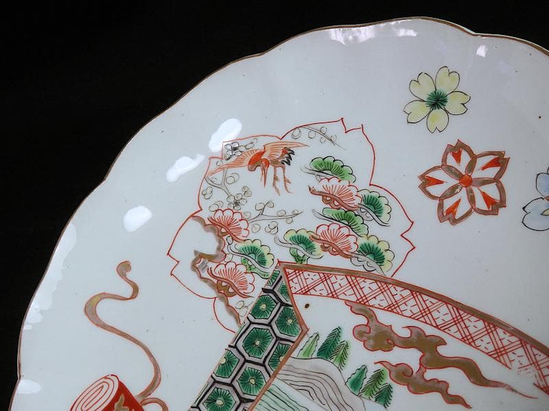 古伊万里　色絵　飛鶴に桜花紋　巻物の図　８寸皿　A571AS-fbku