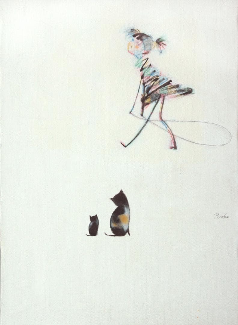 油絵 菅家令子 絵 絵画インテリア額付(銀) F4-030319 猫親子と女の子