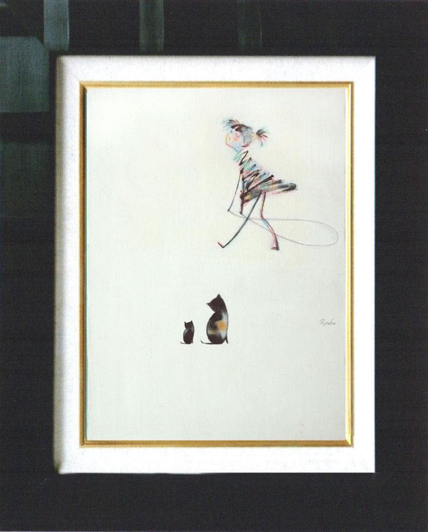 油絵 菅家令子 絵 絵画インテリア額付(銀) F4-030319 猫親子と女の子