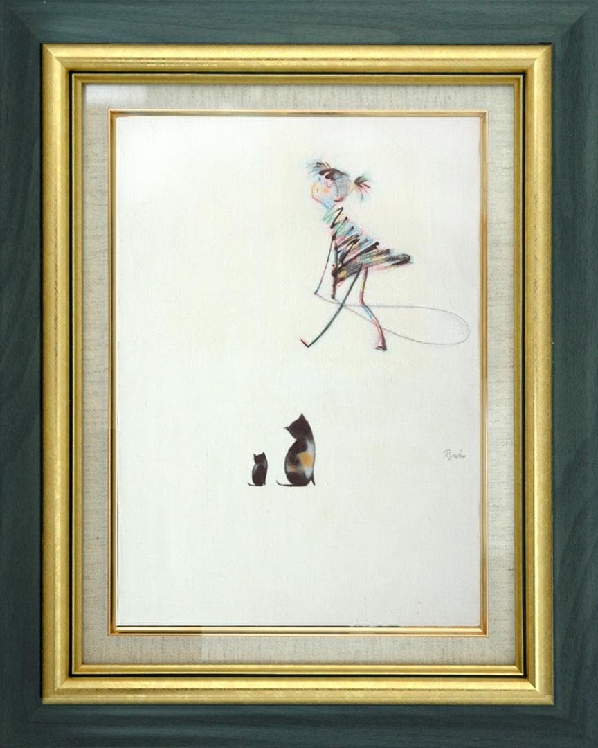 油絵 菅家令子 絵 絵画インテリア額付(銀) F4-030319 猫親子と女の子