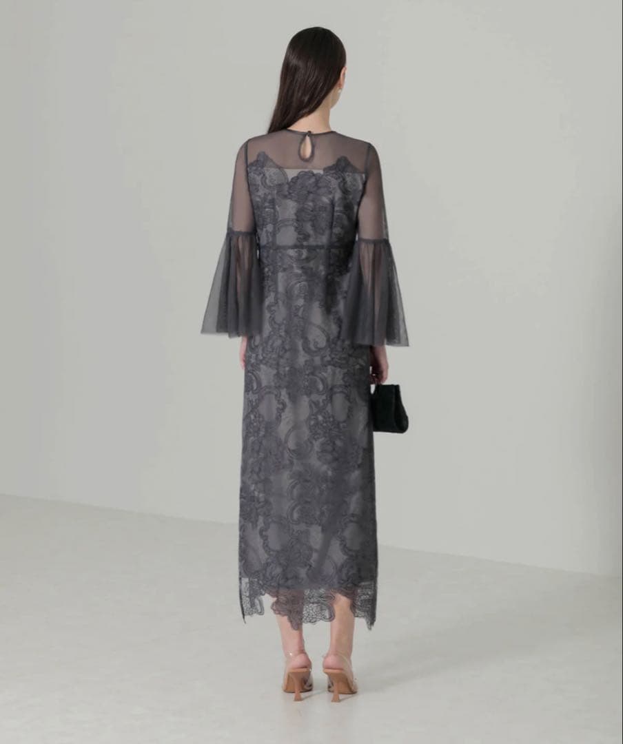 【試着のみ】Leja シアー刺繍レースプリーツIラインロングワンピースドレス