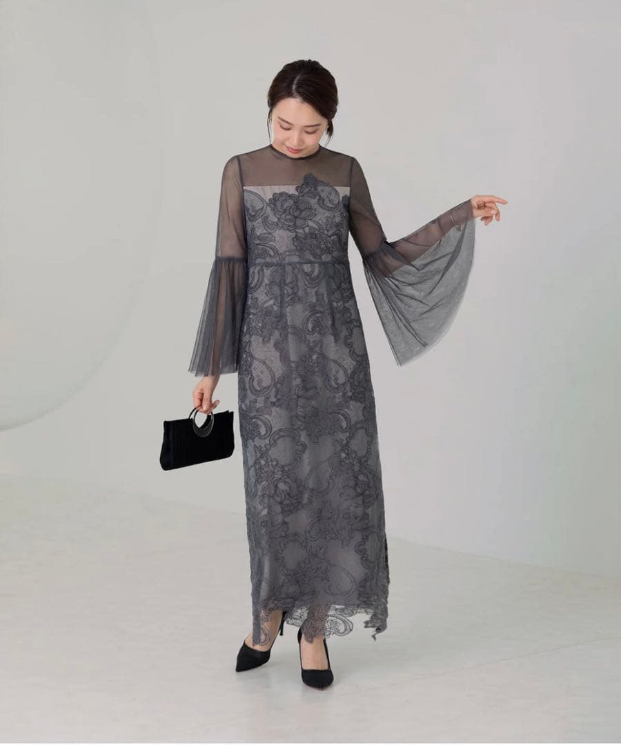 【試着のみ】Leja シアー刺繍レースプリーツIラインロングワンピースドレス