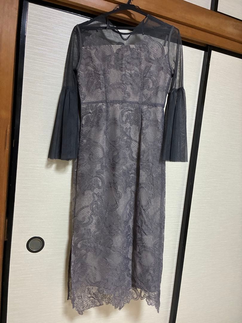 【試着のみ】Leja シアー刺繍レースプリーツIラインロングワンピースドレス