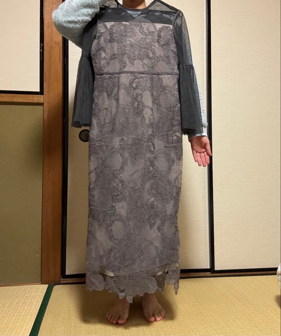 【試着のみ】Leja シアー刺繍レースプリーツIラインロングワンピースドレス