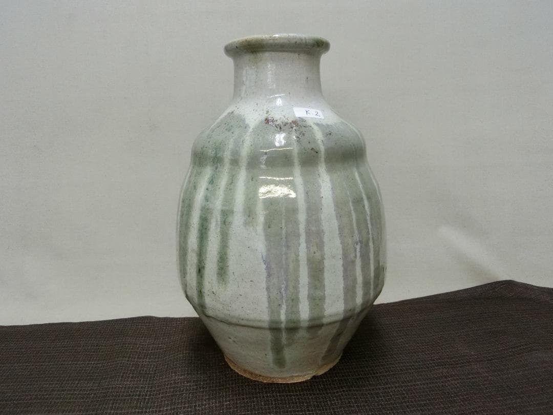 飾り映え！【徳利　緑釉筋文景色　信楽　壺　骨董・K2】インテリア花器　昭和レトロ
