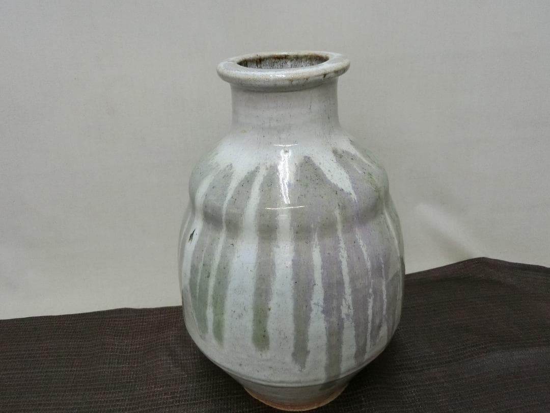 飾り映え！【徳利　緑釉筋文景色　信楽　壺　骨董・K2】インテリア花器　昭和レトロ