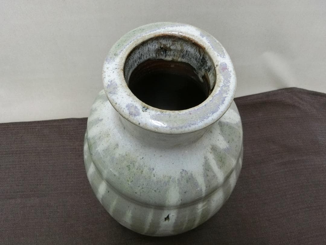飾り映え！【徳利　緑釉筋文景色　信楽　壺　骨董・K2】インテリア花器　昭和レトロ