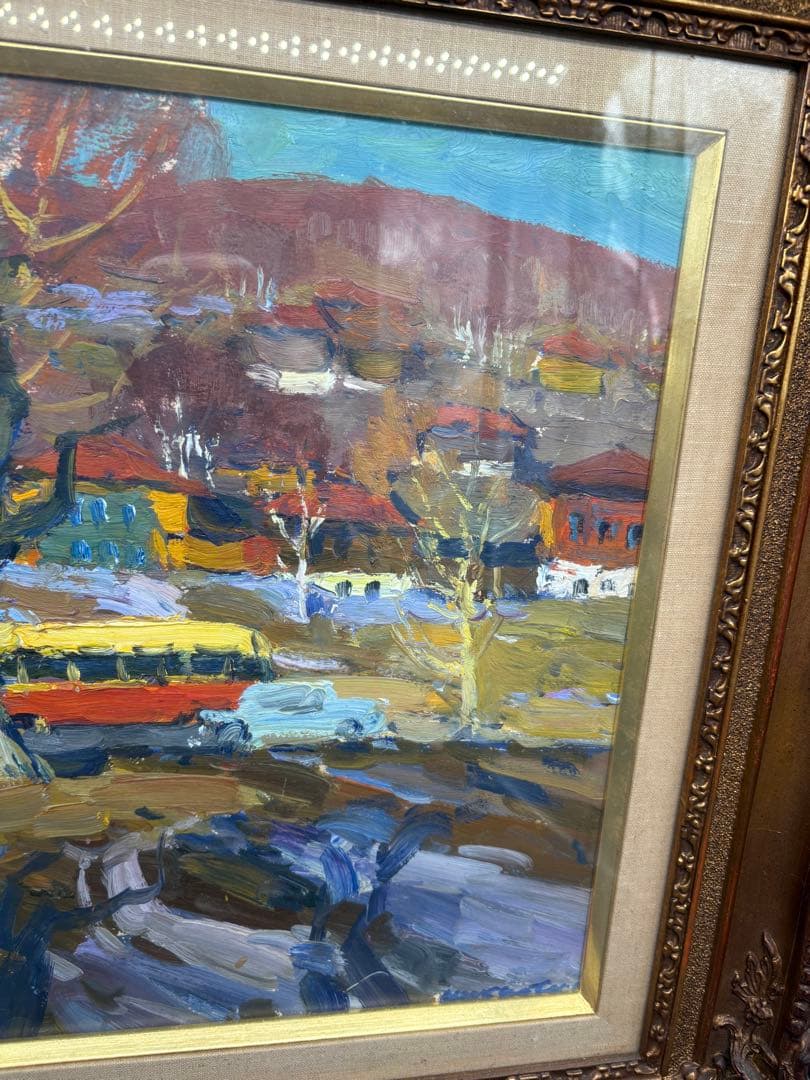 マクシュートフ　絵画　油絵　【ウラルの町で】　箱付き　当時物　ソビエト絵画