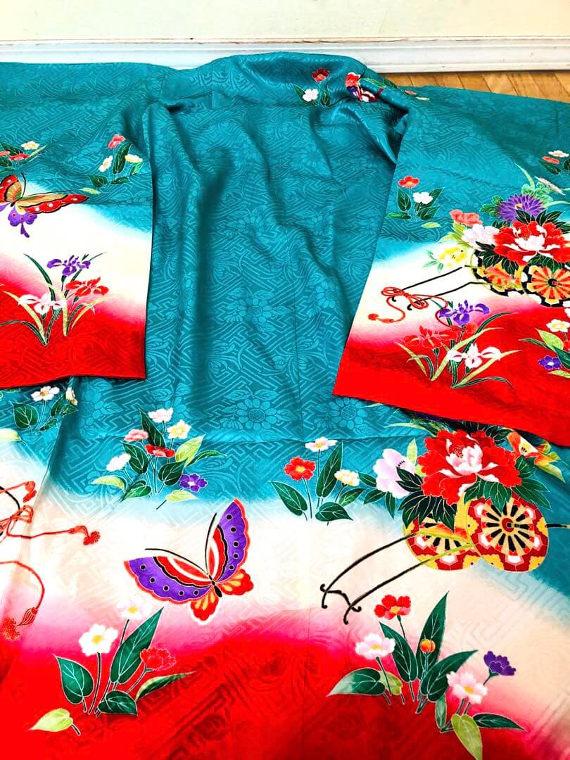 七五三七歳‼正絹️完全フルセット‼️人気Blue Greenに花車金彩煌びやか際立つ