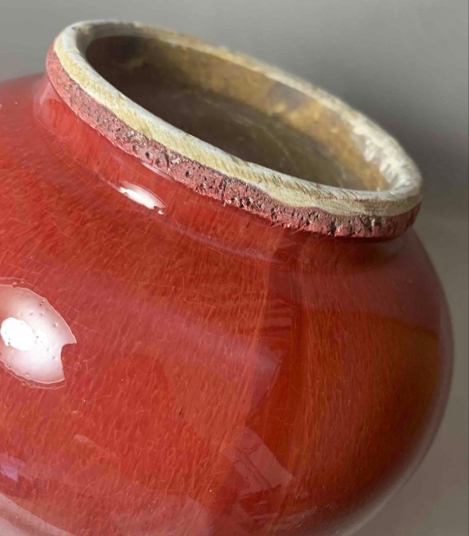 中国 紅釉羊耳付壺　f2250914