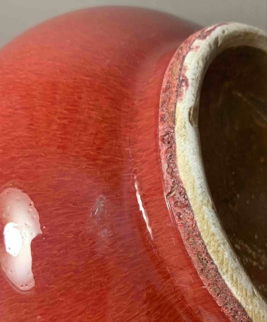 中国 紅釉羊耳付壺　f2250914