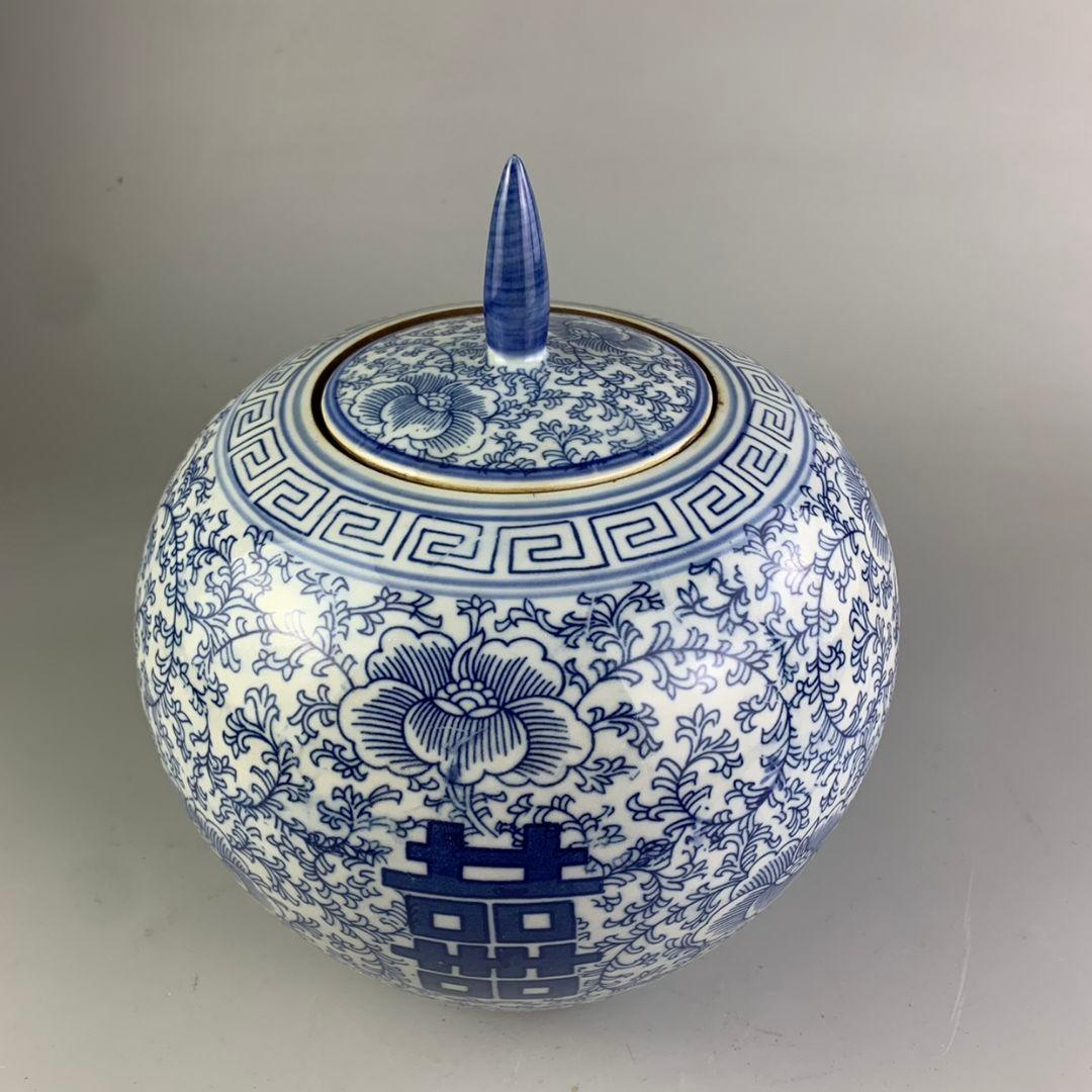 景徳鎮 陶磁器 青花喜字スイカ缶 茶缶茶道具 装飾品 現代工芸品 置物
