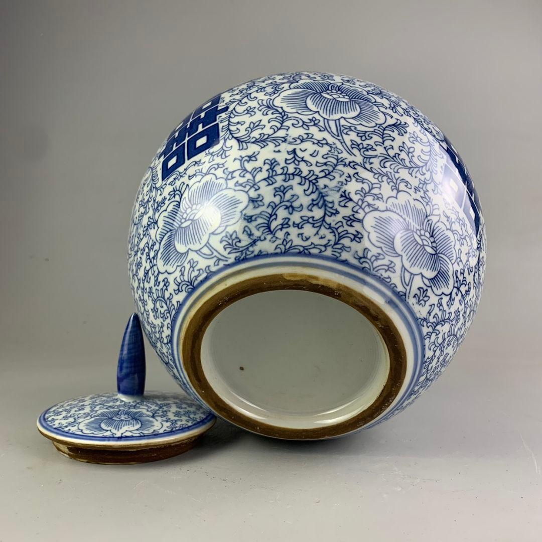 景徳鎮 陶磁器 青花喜字スイカ缶 茶缶茶道具 装飾品 現代工芸品 置物